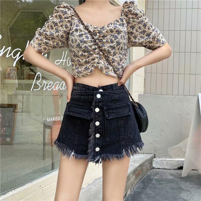 new plus size denim shorts female summer all-match high-waisted raw edge Korean student wide-legged two-piece a-line ho