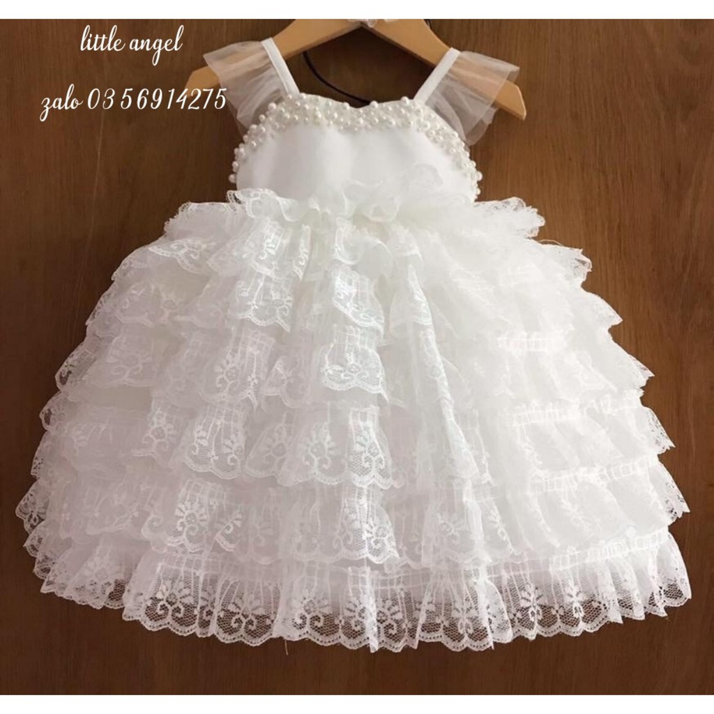 ĐẦM CÔNG CHÚA BÉ GÁI TRẮNG REN TẦNG HẠT CAO CẤP.