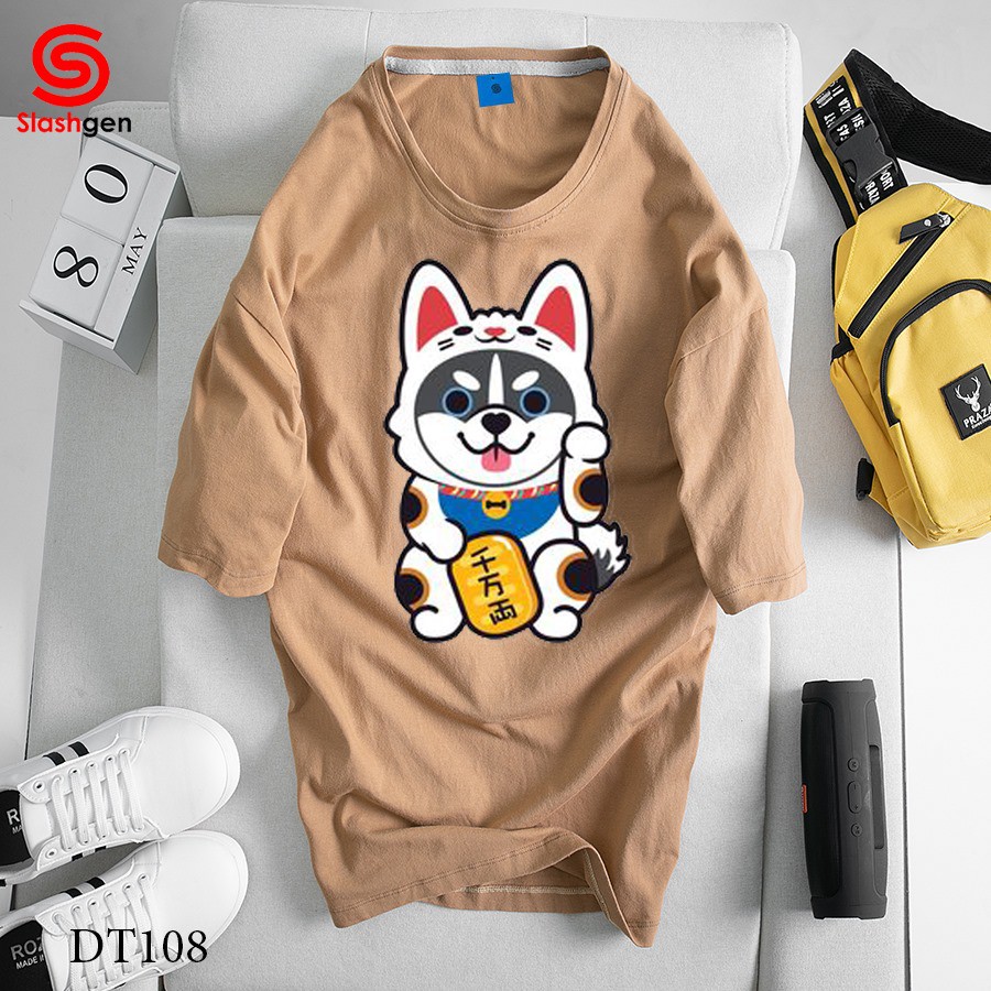 Áo thun nam tay lỡ DT108 Mèo vẫy tay mặt husky ôm cục vàng ở tay 2 tai hồng trước ngực [40kg-110kg] 