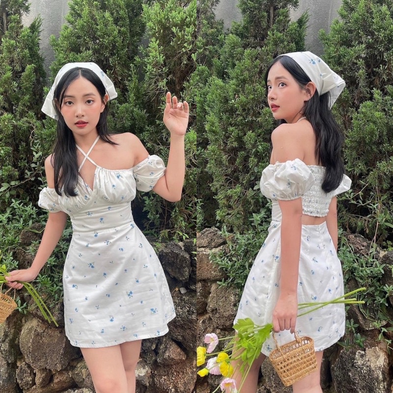 Đầm hoa nhún ngực cổ xẻ dây yếm cut-out lưng