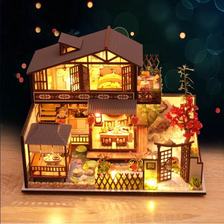 Mô hình nhà DIY Doll House Japanese Forest Valley Kèm Mica Chống bụi, Bộ dụng cụ, Keo dán và Bộ phát nhạc