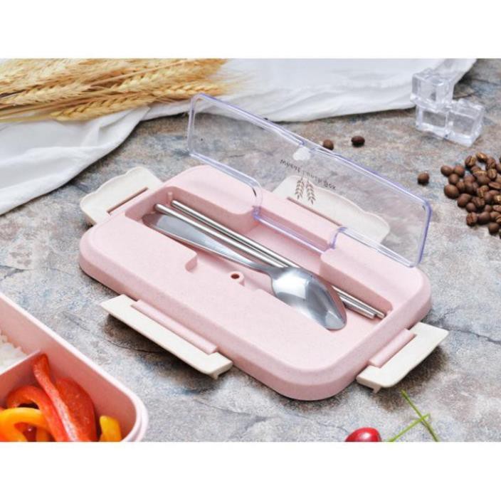 Hộp cơm bento - Hộp cơm văn phòng nhựa lúa mạch kèm đũa thìa inox tiện dụng - Gia dụng