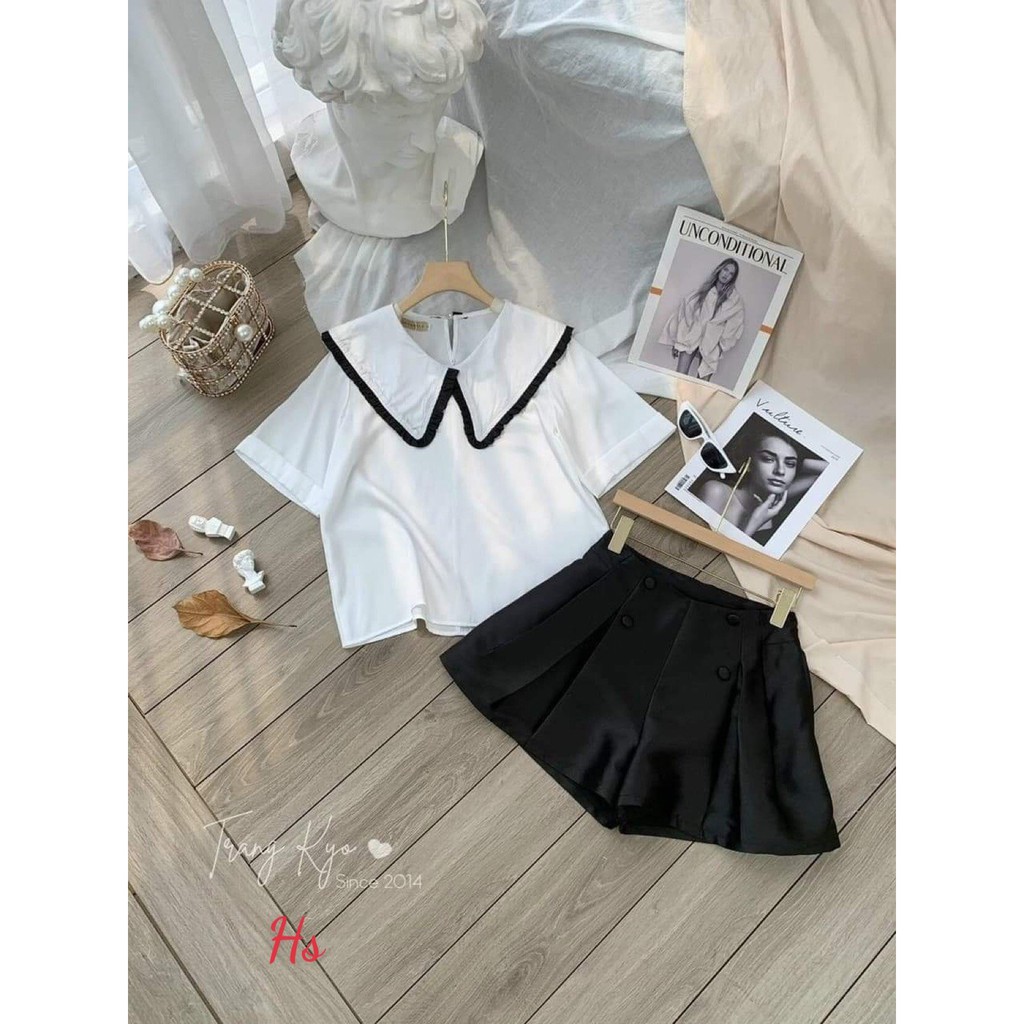 Set áo cổ bèo mix quần cúc xếp li - HÀNG XỊN - SHOPQV - SHOP Q&amp;V