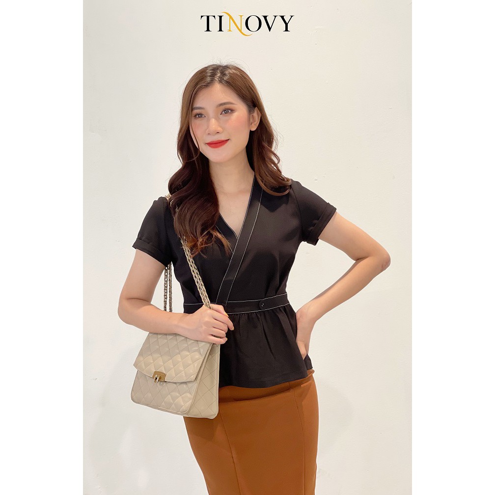 Áo kiểu tay dài cổ tim nẹp cài đan chần chỉ cho nữ công sở TINOVY H0192