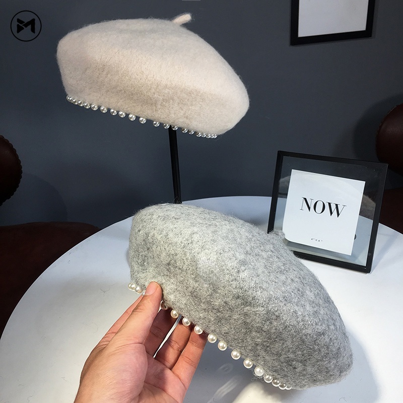 Mũ Beret Len Lông Cừu Đính Ngọc Trai Phong Cách Anh Quốc Thời Trang Thu Đông Cho Nữ
