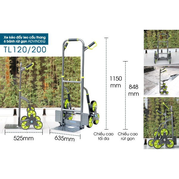 Xe đẩy hàng kéo hàng leo cầu thang rút gọn 6 bánh chở hàng 120kg- 200kg nhập khẩu giá rẻ ADVINDEQ TL-120/200 BH 1 năm