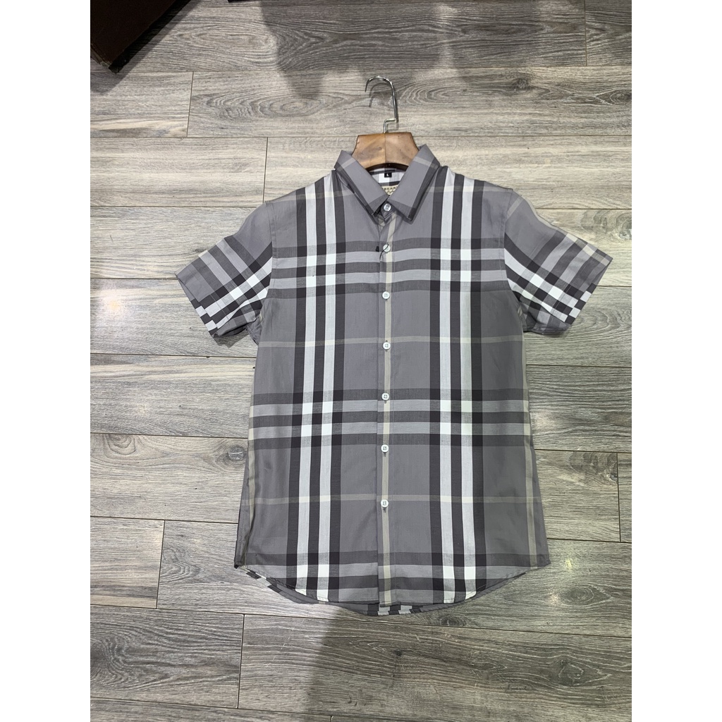 Áo sơ mi BBR ngắn tay họa tiết kẻ nhỏ chất cotton xịn màu ghi sáng