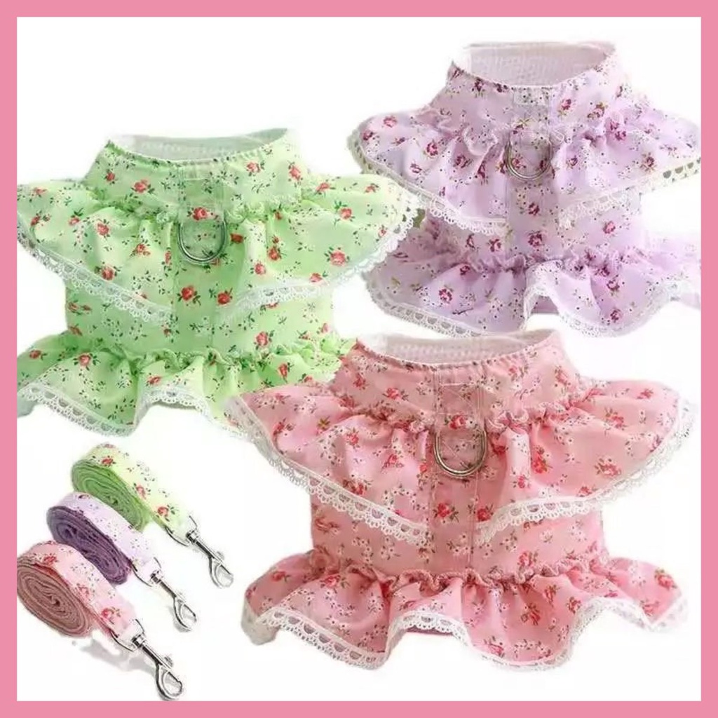 Set yếm kèm dây dắt phối bèo ren cho chó mèo