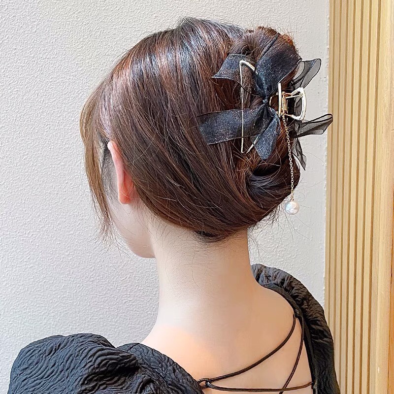 Kẹp tóc càng cua Hàn Quốc hình nơ phối hạt trai Cặp búi tóc tiểu thư nhiều màu xinh xắn sang trọng cho nữ Aikimo KDN