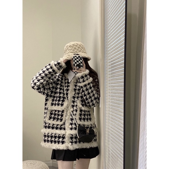 Áo khoác len lông hoạ tiết houndstooth phối viền tua rua (có ảnh thật)