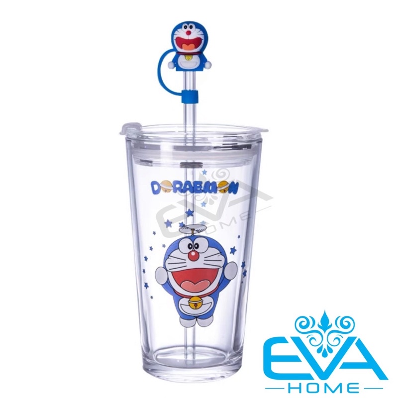 Ly / Cốc Thuỷ Tinh Mèo Máy Mon Có Vạch Chia 400 Ml Kèm Nắp Đậy Ống Hút Silicone Hình Doremon 3D Xinh Xăn SP914