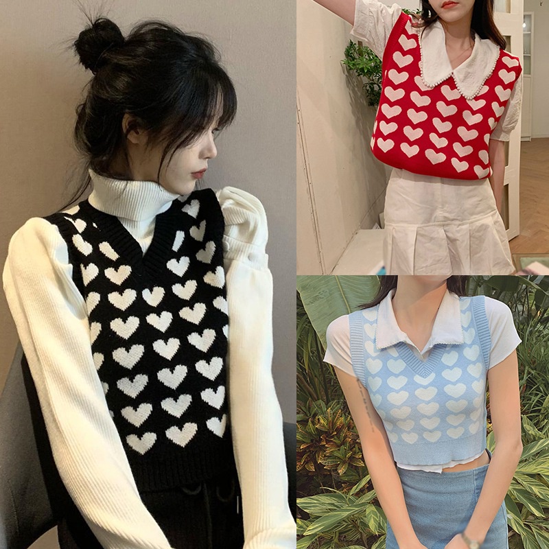 Áo Khoác Dệt Kim Không Tay In Hình Trái Tim Xinh Xắn Cho Nữ