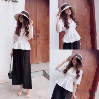 Set Áo Peplum Bo Eo Quần Ống Rộng