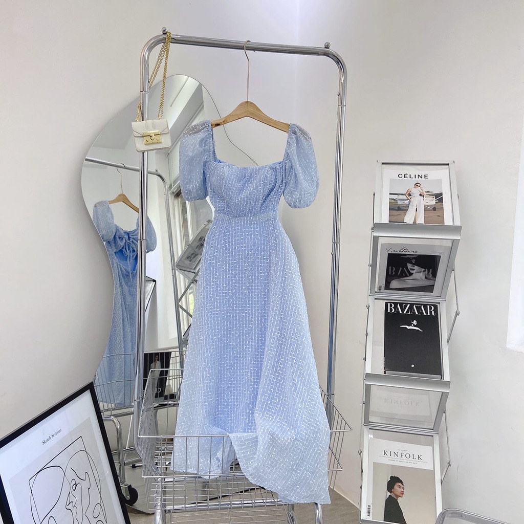 Đầm maxi voan bi cutout lưng cổ vuông tay phồng màu xanh/hồng NÀNG CLOSET