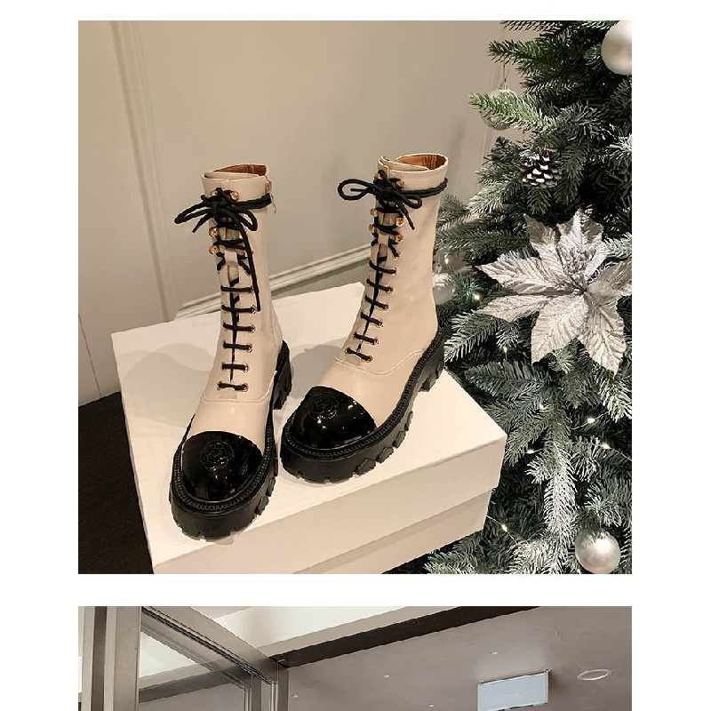 Giày Bốt martin Da Bò Gót Thấp Buộc Dây Phối Màu Đen Trắng Dễ Thương