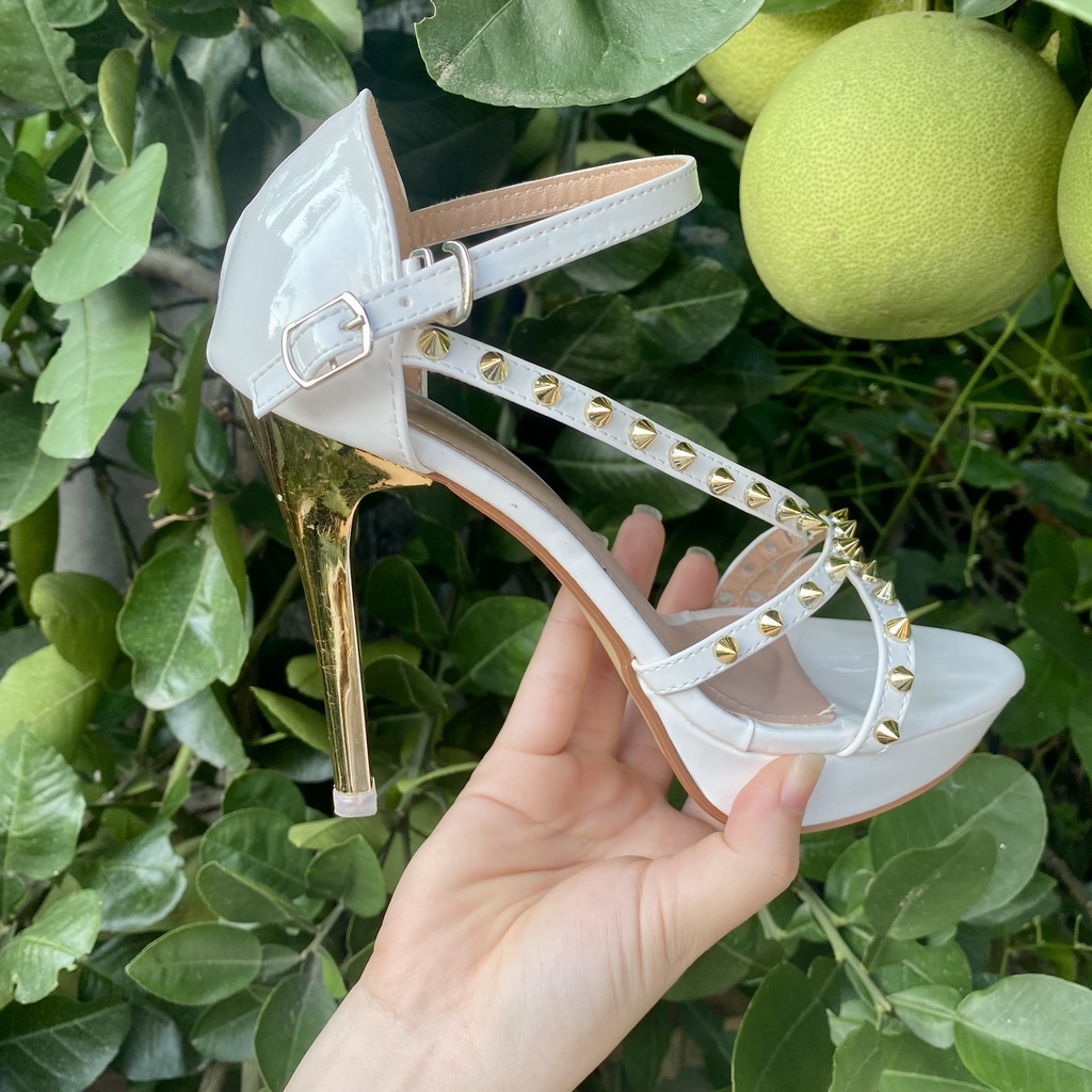 Giày cao gót đế nhọn 12 phân Womenstyle đính đá nhọn sang chảnh, sandal đính đồng 2 màu trắng, đen chuẩn size 35-39 TD24