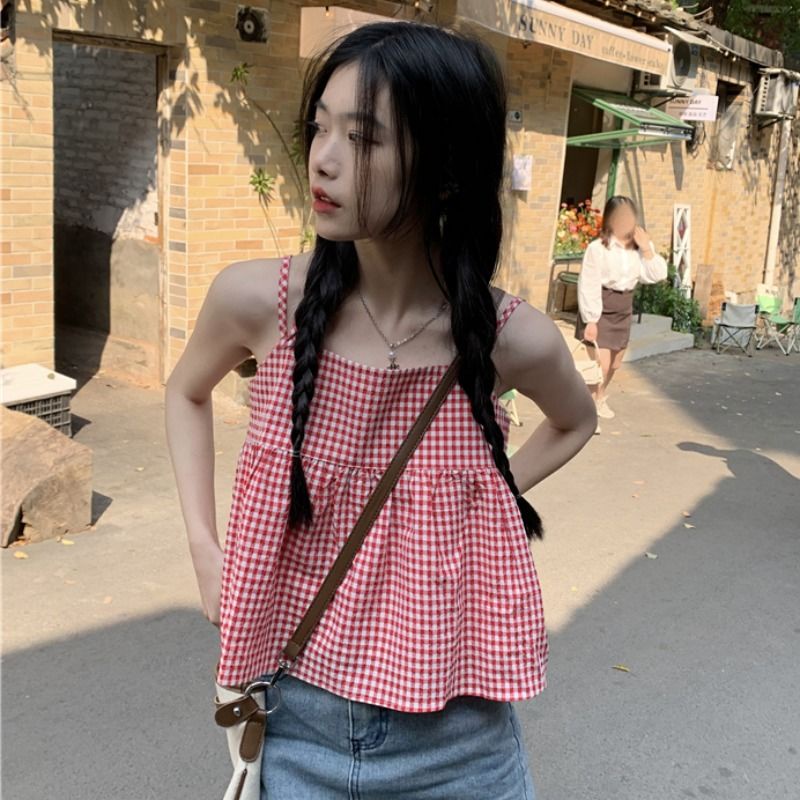 Áo Hai Dây Dáng Rộng Hở Lưng Họa Tiết Kẻ Sọc Màu Đỏ Thời Trang Mùa Hè Hàn Quốc Cho Nữ