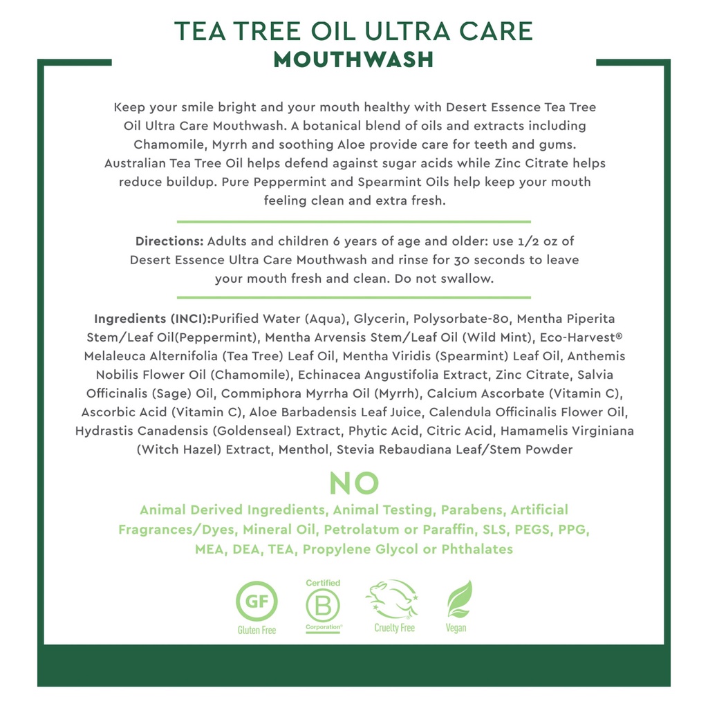 NƯỚC SÚC MIỆNG TINH DẦU TRÀM TRÀ - BẠC HÀ - SIÊU MÁT LẠNH Desert Essence Ultra Care Tea Tree Oil Mouthwash - MEGA MINT