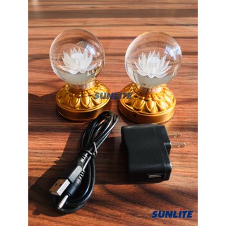 Đèn thờ pha lê mini hình khối cầu bên trong khắc hoa sen siêu đẹp dùng pin AAA kèm dây điện (có thể để bàn trang trí)
