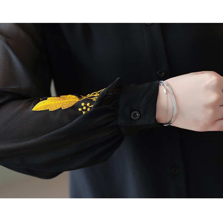 Korean Embroidery Chiffon Casual Blouse Women Autumn Long Sleeve Shirt Black | BigBuy360 - bigbuy360.vn