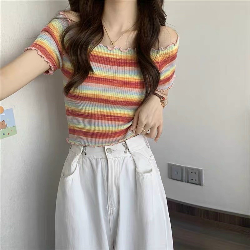 ÁO TRỄ VAI LEN KẺ VIỀN BÈO MS10582