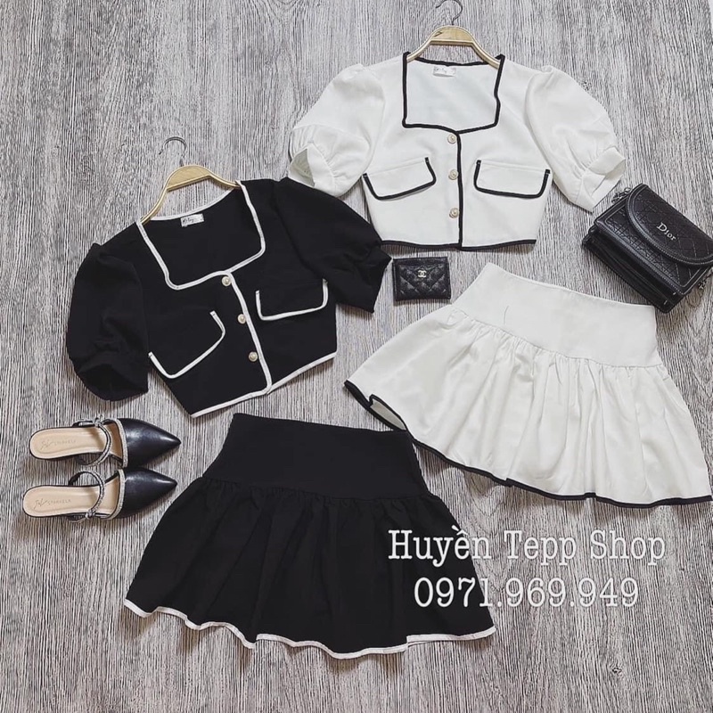 set áo cổ vuông cúc ngọc chân váy bồng