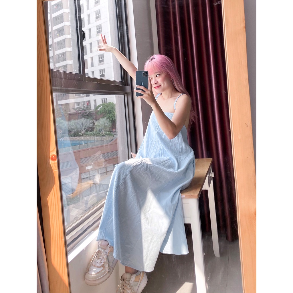 Đầm maxi , Đầm yếm , Đầm 2 dây Cao Cấp thiết kế màu xanh dáng suông dài qua gối hở lưng cột nơ sau - MiNhi | BigBuy360 - bigbuy360.vn
