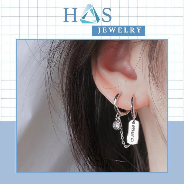Bông tai bạc nữ H.A.S dạng khoen 2 vòng chữ Merci - Khuyên tai cá tính đeo một bên như hình