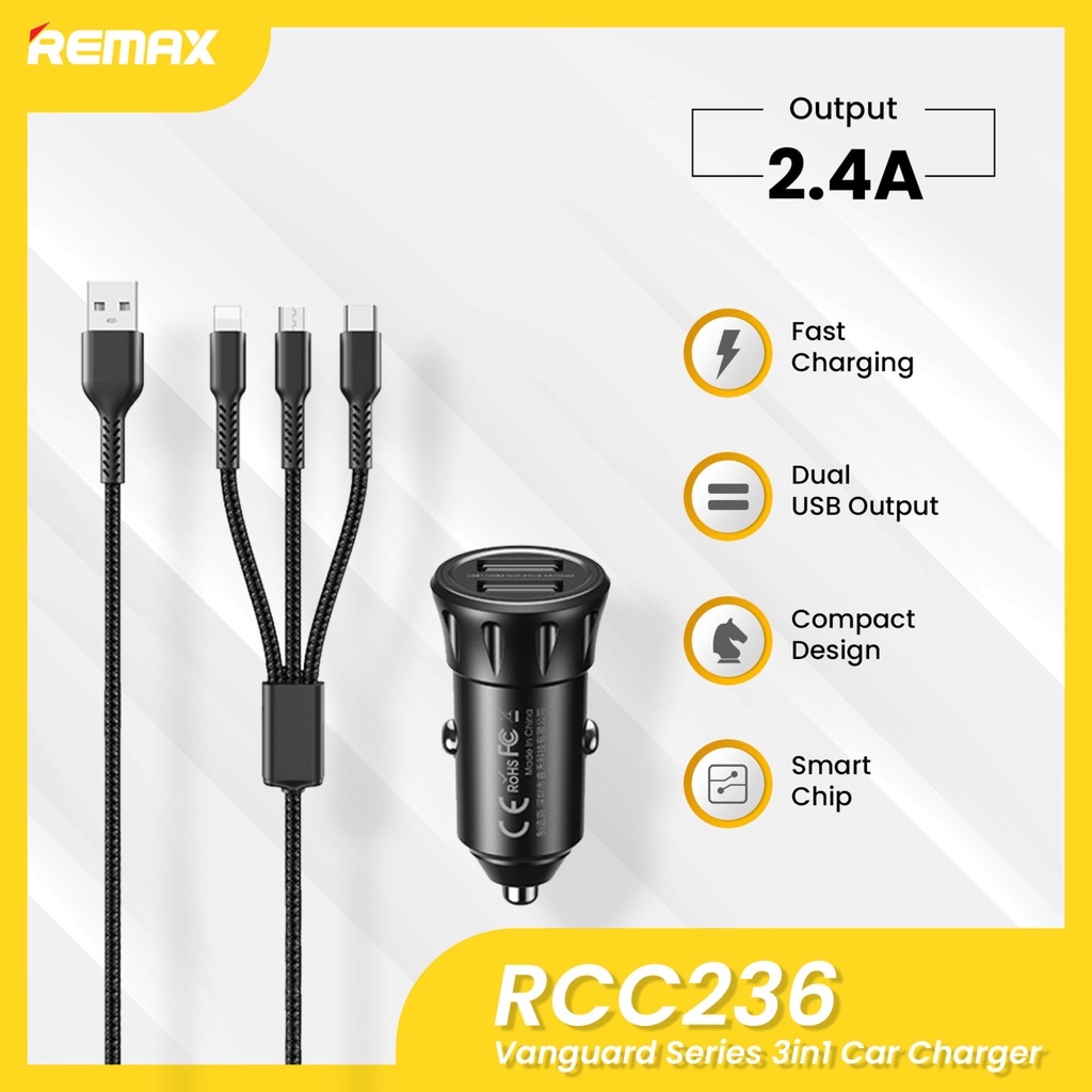 Bộ Tẩu Sạc Ô Tô Kèm Dây Sạc 3 Đầu Đa Năng Remax RCC-236