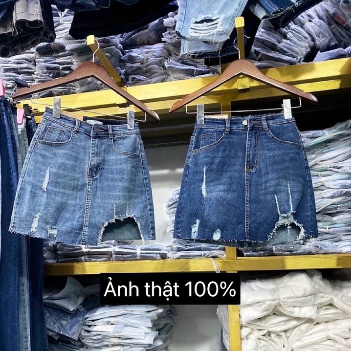 Váy jean nữ rách co giãn chân váy jean rách co giãn lưng siêu cao có lót quần