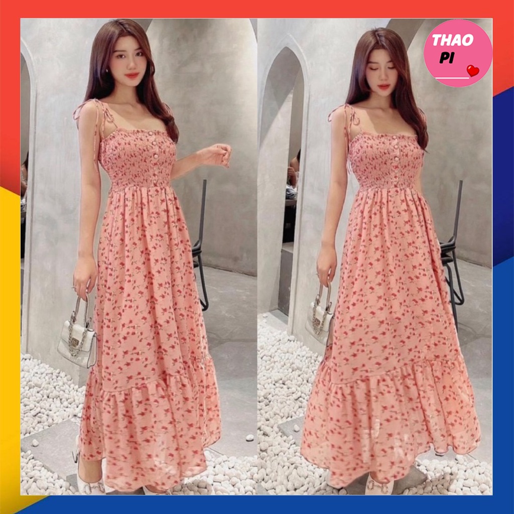 Đầm maxi hai dây cột vai đi biển đi dạo hoa nhí phối nút gỗ hình thật đủ màu siêu đẹp