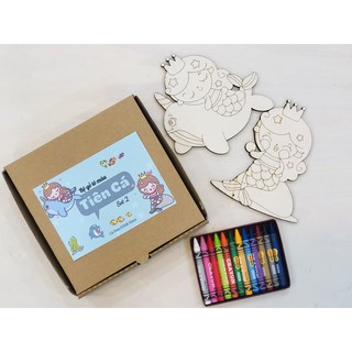 Tô màu gỗ NÀNG TIÊN CÁ size to tặng kèm nam châm hít tủ lạnh