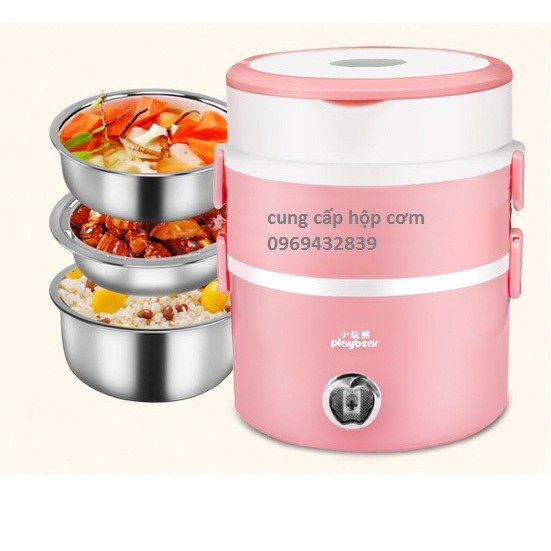 Hộp cơm hâm nóng cắm điện 3 tầng inox Playbear DFH2019 Hồng