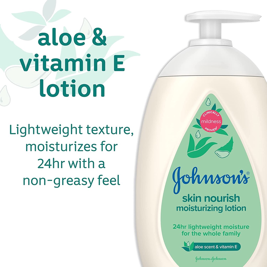 Dưỡng thể giữ ẩm da cho trẻ Johnson's Skin Nourish Moisturizing Baby Lotion with Aloe Vera Scent & Vitamin E 500ml