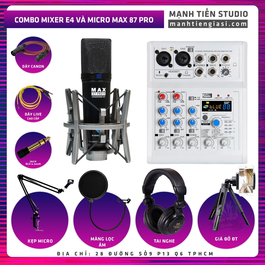 Combo thu âm Mixer E4 Và Micro Max 87-Pro-II đen livestream karaoke bán hàng onl tiktok đủ phụ kiện tặng kèm bh 12t