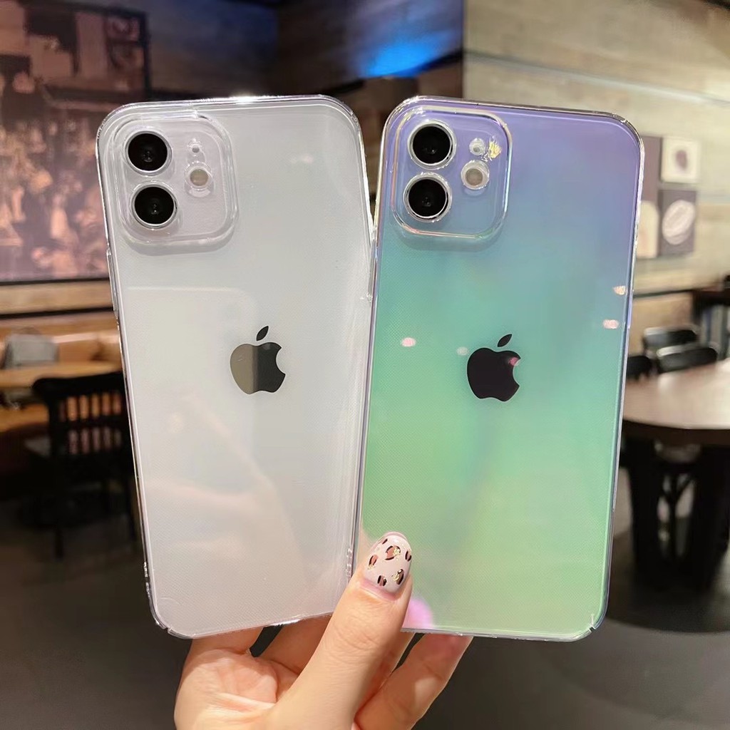 Hình vuông sang trọng Bóng Mạ điện trong suốt laze cầu vồng mềm cứng Vỏ điện thoại iPhone 7 8 Plus X XS XR XsMax 12 11 11PRO 11PRO MAX Gradient trong suốt Vỏ acrylic