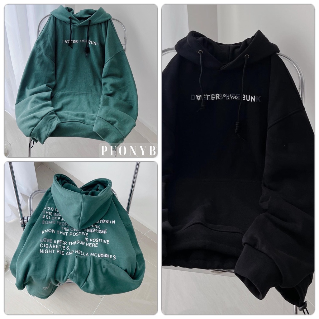 Áo Hoodie After Lưng Chữ PEONYB Unisex [FREESHIP]  Nỉ form rộng tay bồng màu XANH | ĐEN mũ 2 lớp kiểu hàn quốc đẹp