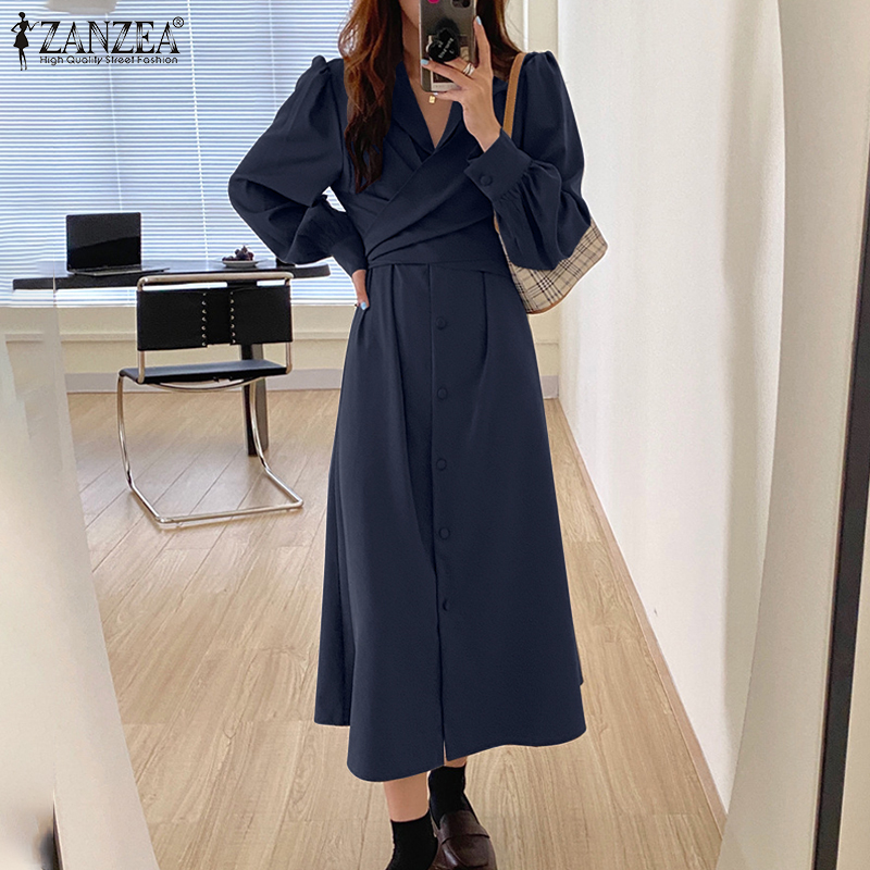 Váy Maxi ZANZEA Tay Phồng Cổ Tim Màu Trơn Kiểu Dáng Thanh Lịch Dành Cho Nữ | BigBuy360 - bigbuy360.vn