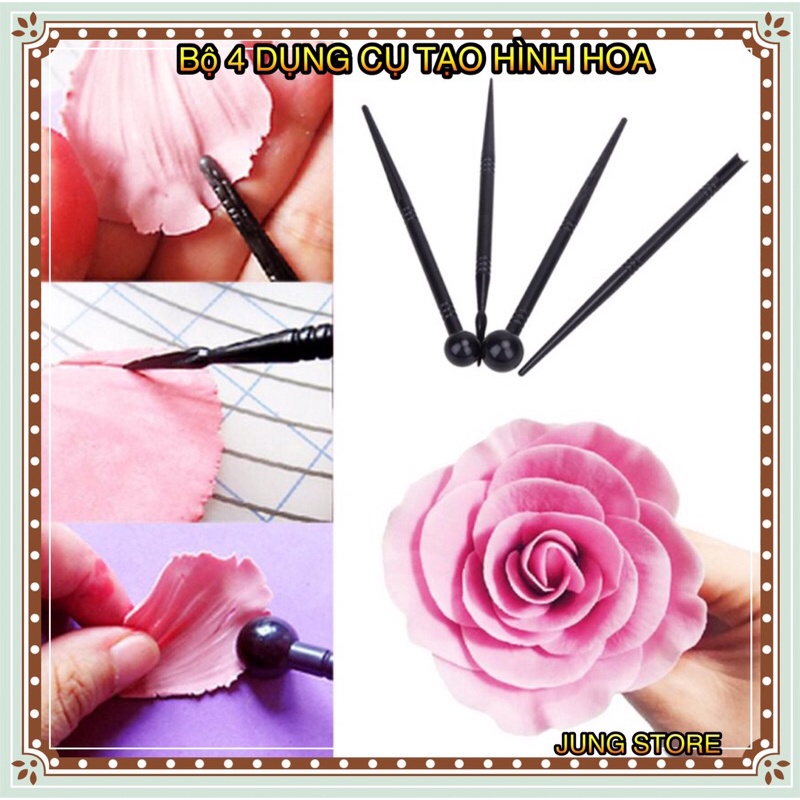 Bộ 4 dụng cụ tạo vân hoa lá, làm mỏng cánh hoa, hỗ trợ làm bánh bao tạo hình, bánh kem, fondant, đất set M292