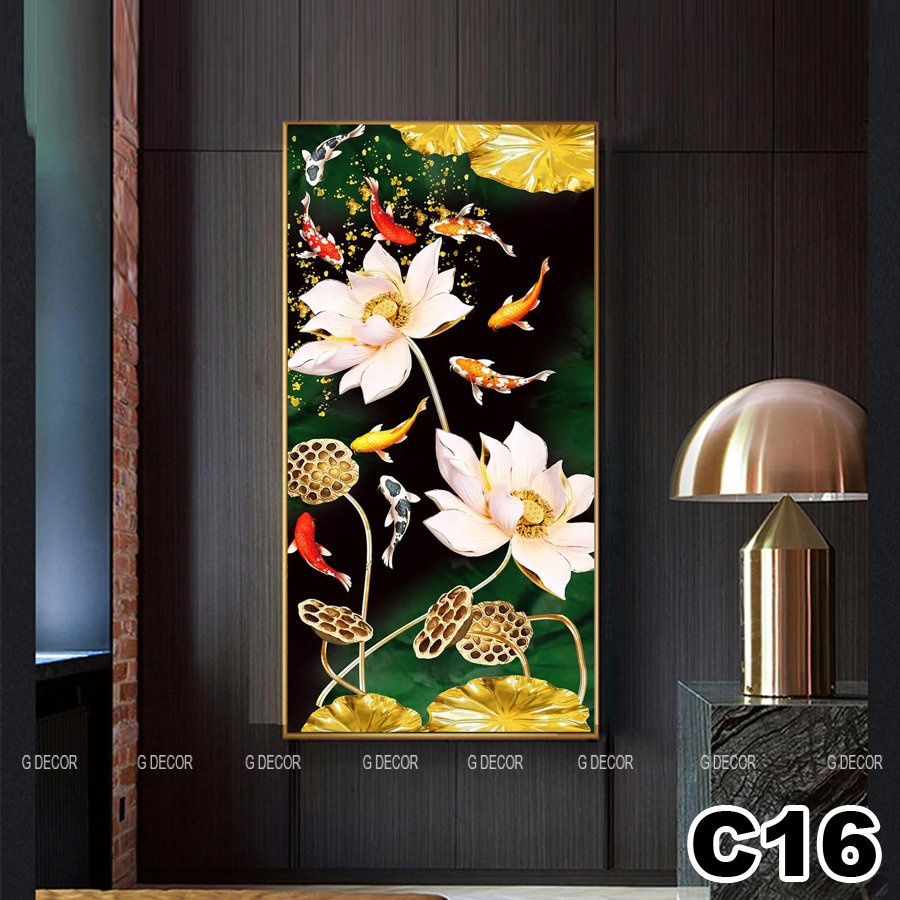 Tranh treo tường canvas 1 bức phong cách hiện đại Bắc Âu 22, tranh cửu ngư quần hội trang trí phòng khách, phòng ngủ,spa