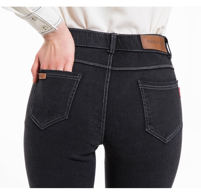 Quần skinny big size jean thun đen trơn viền chỉ trắng size 70-80kg
