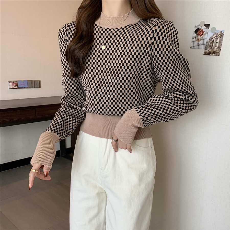 Porozi  Áo dệt kim  cổ tròn họa tiết sọc caro phong cách Hàn Quốc thời trang cho nữ