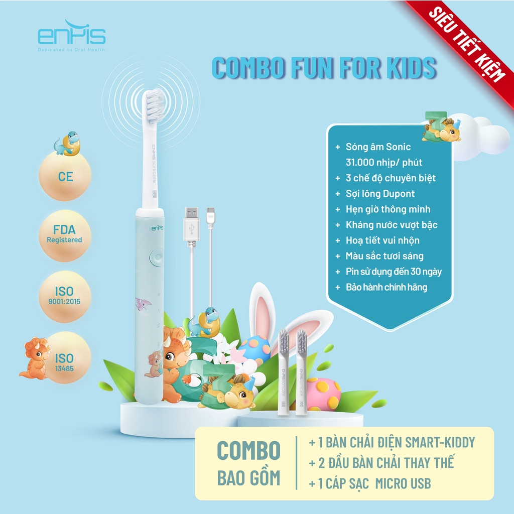 Combo Bàn chải điện cho bé ENPIS Smart - Kiddy và vỉ 2 đầu bàn chải thay thế siêu tiện lợi