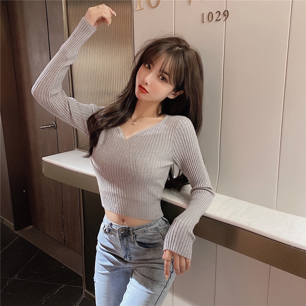 Áo dệt kim tay dài cổ chữ V thời trang xinh xắn nhiều màu tùy chọn cho nữ