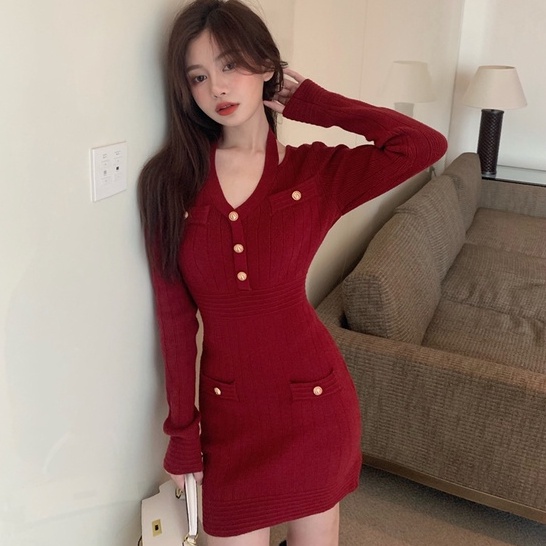 VÁY BODY LEN GÂN NÚT CỔ YẾM (v1271)