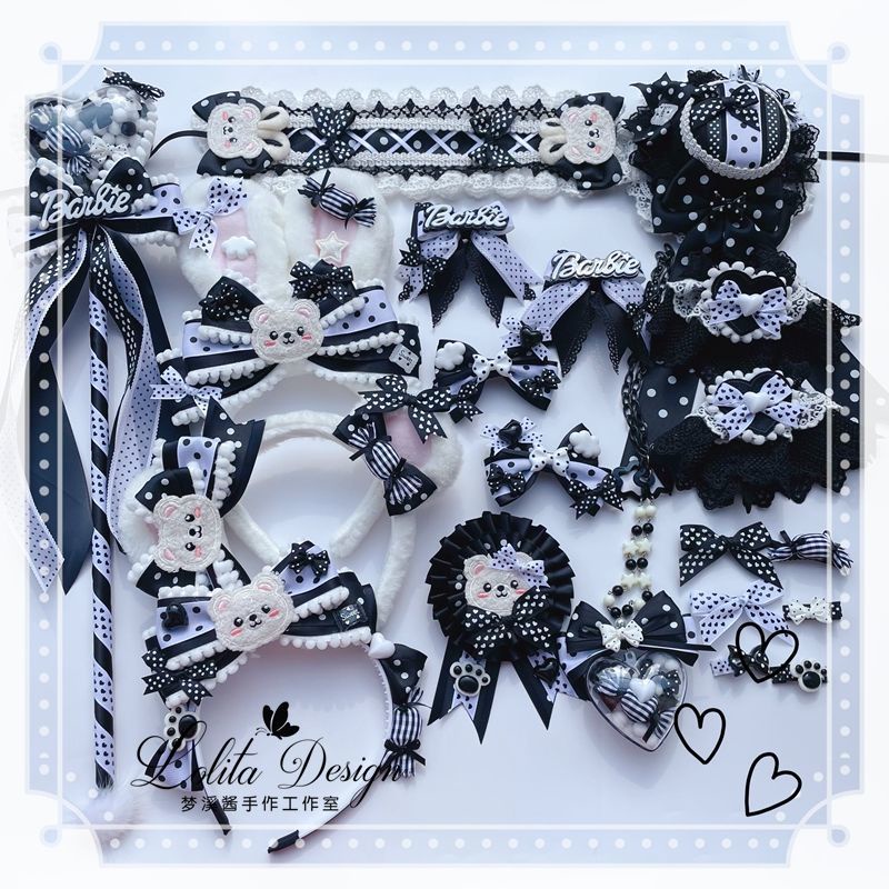 Set Cài Tóc + Mũ Tai Thỏ Màu Trắng Đen Phong Cách Lolita Dễ Thương Xinh Xắn