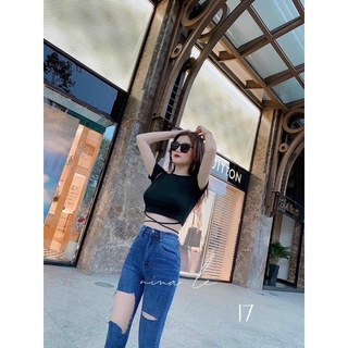 [Hình Thật] Áo Croptop tay ngắn cột eo