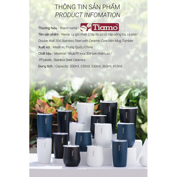 Volcano Ly cà phê trà inox phủ sứ chân không Tiamo 250ml