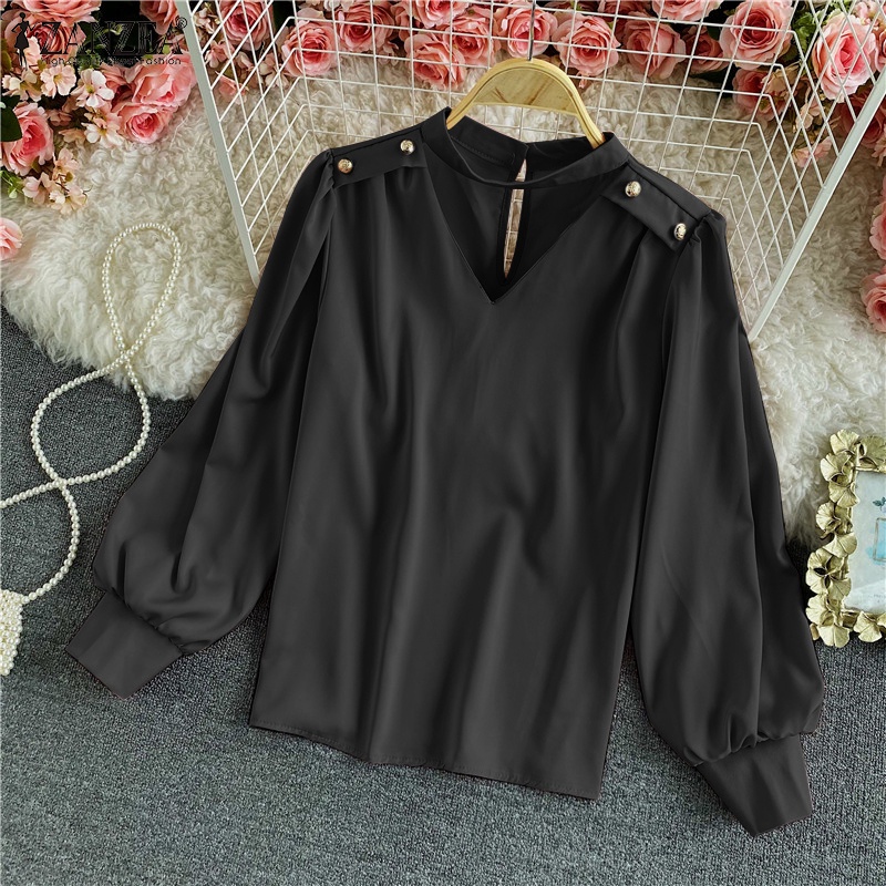 ZANZEA Áo Sơ Mi Vải Satin Tay Dài Cổ Đứng Thời Trang Cho Nữ