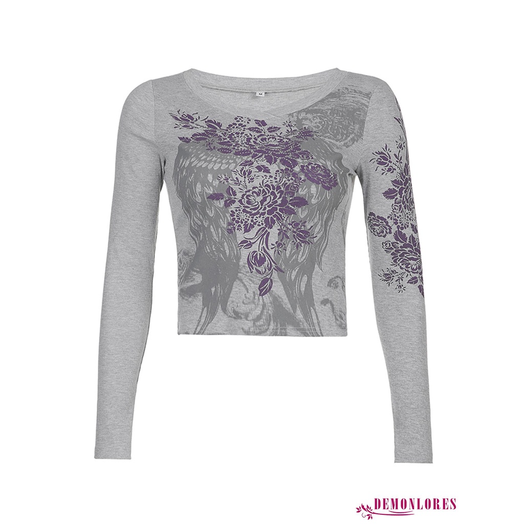 Áo thun tay dài cổ tròn in họa tiết lông vũ phong cách vintage thời trang cho nữ